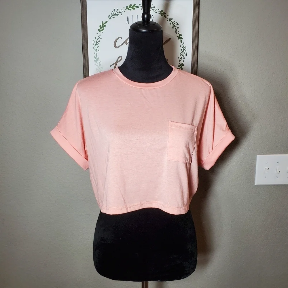 SHEIN Batwing Sleeve Pocket Patched Crop Tee Coral Pink Size Medium NWOT - Picture 4 of 16